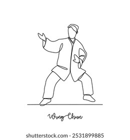 Um desenho de linha contínua da ilustração do vetor esportivo Wing Chun. Design desportivo tradicional em conceito de vetor de estilo contínuo linear simples. Design de tema de esportes para sua ilustração de design de ativos.