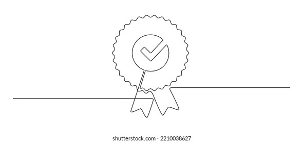 One continuous line drawing of winner award badge with tick. High quality product and high warranty concept and approved choice in simple linear style. Editable Stroke. Doodle vector illustration