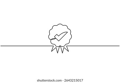 One continuous line drawing of winner award badge with tick. High quality product,  content creators, public figures.single line vector illustration.
