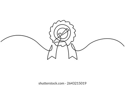 One continuous line drawing of winner award badge with tick. High quality product,  content creators, public figures.single line vector illustration.