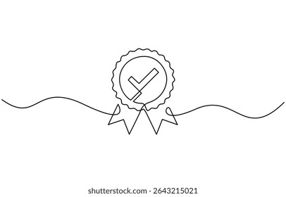 One continuous line drawing of winner award badge with tick. High quality product,  content creators, public figures.single line vector illustration.