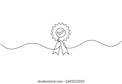 One continuous line drawing of winner award badge with tick. High quality product,  content creators, public figures.single line vector illustration.