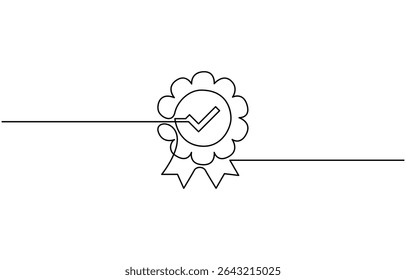 One continuous line drawing of winner award badge with tick. High quality product,  content creators, public figures.single line vector illustration.