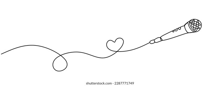 One Continuous line drawing wired microphone with heart in microphone wire on white background. Creative minimal design. Vector illustration 