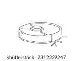 One continuous line drawing of wireless robot vacuum cleaner. Single line drawing of appliance for household and cleaning. Editable stroke contour of vacuum cleaner. Doodle hand drawn vector