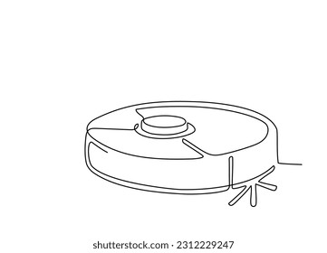 Un plano de línea continua de la aspiradora de robot inalámbrico. Dibujo de una sola línea de electrodomésticos para el hogar y la limpieza. Contorno de trazo editable de la aspiradora. Vector dibujado a mano