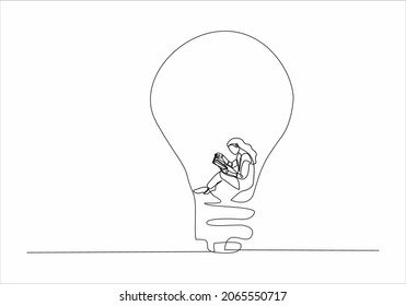 
one continuous line drawing woman reading a book with a light bulb, man reading a book with a light bulb, hand painted silhouette image. line art.