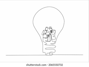 
one continuous line drawing woman reading a book with a light bulb, man reading a book with a light bulb, hand painted silhouette image. line art.
