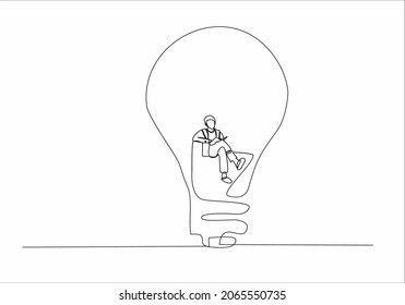 
one continuous line drawing woman reading a book with a light bulb, man reading a book with a light bulb, hand painted silhouette image. line art.