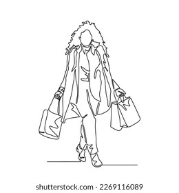 One continuous line drawing of woman carrying groceries in the mall. Consumers Day design with simple linear style. Consumers Day design concept Vector illustration