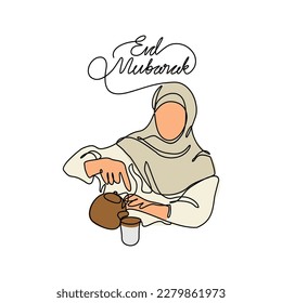 One continuous line drawing of a woman is preparing meal during eid mubarak. Eid mubarak and Ramadan kareem design concept with simple linear style. Eid mubarak vector design concept.