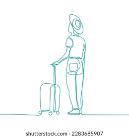 One continuous line drawing of a woman with suitcase. Air trip and journey symbol in editable stroke.