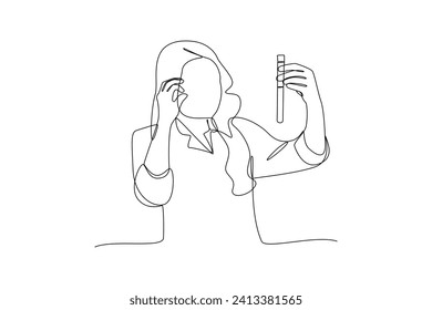 One continuous line drawing of woman at science practice. Simple practice minimalist concept, editable stroke.