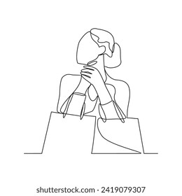 One continuous line drawing of a woman is shopping and carrying bags of her shopping in the store vector illustration. woman shopping activity illustration in simple linear style vector concept.