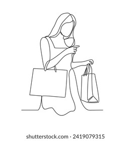 Un dibujo de línea continua de una mujer es comprar y llevar bolsas de sus compras en la ilustración vectorial de la tienda. ilustración de la actividad de compra femenina en concepto de vector de estilo lineal simple.