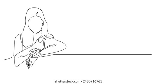 one continuous line drawing of woman looking at watch.one line drawing of woman looking at watch.single line vector illustration.isolated white background