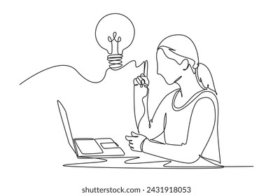One continuous line drawing of woman in front of laptop finds brilliant ideas. get a brilliant idea. Genius psychological logotype icon template concept. Modern single line draw graphic design vector 