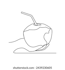 One continuous line drawing of a woman is drinking coconuts during the day while on holiday at the beach vector illustration. Drinking coconuts activity illustration in simple linear style vector.