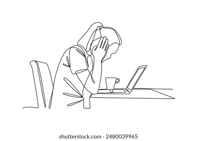 One continuous line drawing of a woman is confused while working on a projectg. Business Project minimalist concept. Single line draw vector graphic design illustration