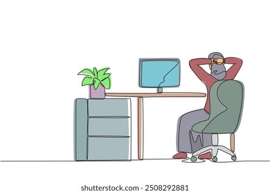 one continuous line drawing woman sitting in work chair stretching her hand up behind her head. Body relaxing. Work refreshing to get focus. Overtime. Tired. Single line design graphic illustration