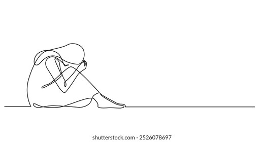 Dibujo de una línea continua de una mujer mirando hacia abajo y triste. Dibujo de una línea de un estado mental triste, una mujer contemplando y llorando. Ilustración vectorial de una sola línea aislada sobre un fondo blanco