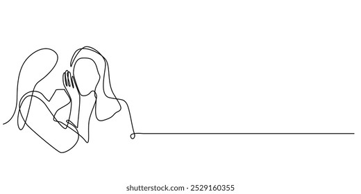 one continuous line drawing of a woman whispering into her friend's ear. one line drawing of a woman whispering conveying news, giving news, conveying gossip. single line vector illustration. isolated