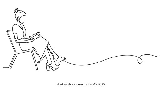 one continuous line drawing of woman sitting on a chair and reading a book.one line drawing of woman reading a book on a park chair.one line vector of woman's leisure time.single line illustration