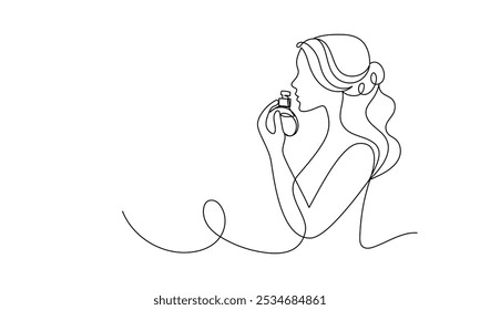 One continuous line drawing woman with perfume bottle inhales aroma. Find right fragrance for personality. Banner. Vector linear contour illustration