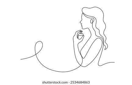 Una línea continua que dibuja a la mujer con la fragancia de rociadura de la botella de perfume en cuello. Encuentra la fragancia adecuada para tu personalidad. Anuncio. Vector lineal contorno ilustración