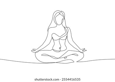 One Continuous Line Drawing of Woman in Pose Lotus Yoga. Abstract Yoga Concept with Female Meditation in Simple Linear Style. Woman Relax in Editable Stroke. Yoga Zen Doodle Contour Vector Art. Not AI