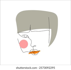 One continuous line drawing of woman beauty face with straight bangs . single line concept of woman beauty face.  illustration of woman face. editable stroke