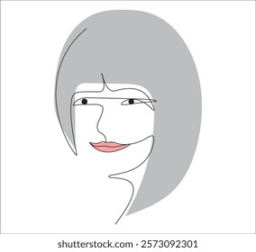 One continuous line drawing of woman beauty face with straight bangs . single line concept of woman beauty face.  illustration of woman face. editable stroke