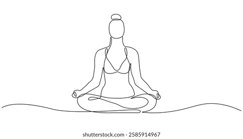 One Continuous Line Drawing of Woman in Pose Lotus Yoga. Abstract Yoga Concept with Female Meditation in Simple Linear Style. Woman Relax in Editable Stroke. Yoga Zen Contour Vector Illustration