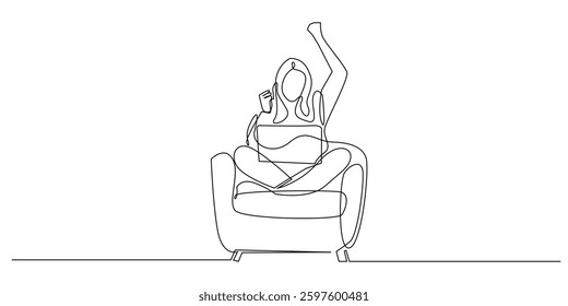 one continuous line drawing of woman with happy expression in front of laptop.one line drawing of business woman.home worker.single line vector illustration.isolated on white background