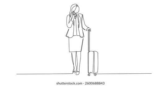 one continuous line drawing of woman on business trip.one line drawing of woman at airport using phone and suitcase.single line vector illustration.