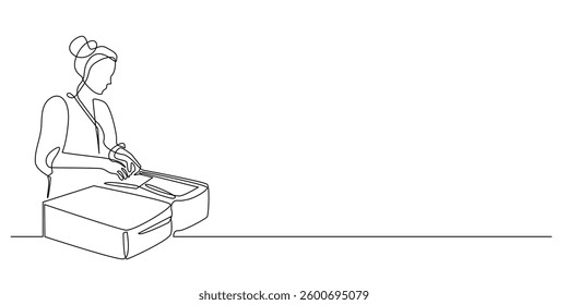 one continuous line drawing of woman packing suitcase getting ready for vacation.one line drawing of woman arranging travel equipment.single line vector illustration.