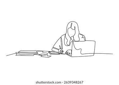 One continuous line drawing of woman do her work at office work space. Work space table concept. Single line draw design illustration