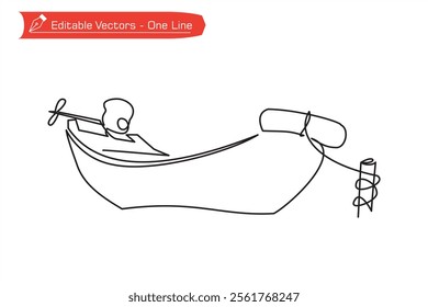 One continuous line drawing of wooden motorized boat. Vector illustration of one line drawing of a moored motorized boat. Boat icon image of tourism, travel, transportation, river, waters, pier, sea