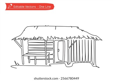 One continuous line drawing of a wooden walled and palm leaf roofed hut. Vector illustration of a simple one line drawing of a hut in the coastal mountains of Java Island, Indonesia.