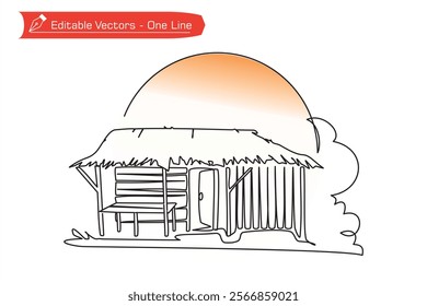 One continuous line drawing of a wooden walled and palm leaf roofed hut. Vector illustration of one simple line drawing of a hut, sun, moon, clouds. Hut house in Java Island, Indonesia.