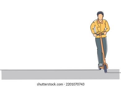 One continuous line drawing of worker man stand and ride electric scooter at outdoor park. Green transportation. Future urban lifestyle concept. Dynamic single line draw design vector illustration