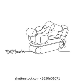 Um desenho de linha contínua da ilustração vetorial das ferramentas do Workshop. Conceito de projeto de lixadeira de cinto em linha contínua linear simples. Excelente design para a apresentação de equipamentos de ferramentas e para fins educacionais