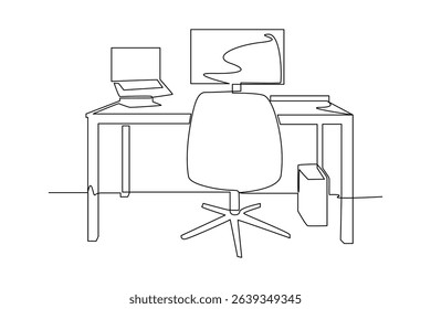 One continuous line drawing of workspace with dual monitors. Work space table concept. Single line draw design illustration