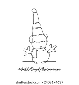 One continuous line drawing of World Snowman Day vector illustration. Celebrated every year on January 18th and is a day dedicated to appreciating and building everyone's favorite the snowman.