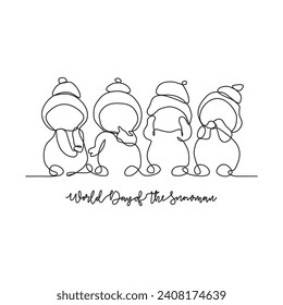 One continuous line drawing of World Snowman Day vector illustration. Celebrated every year on January 18th and is a day dedicated to appreciating and building everyone's favorite the snowman.