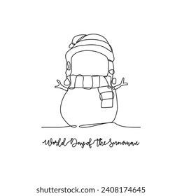 One continuous line drawing of World Snowman Day vector illustration. Celebrated every year on January 18th and is a day dedicated to appreciating and building everyone's favorite the snowman.