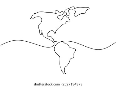 Un dibujo de línea continua del mapa mundial de América. Diseño simplificado y moderno perfecto para temas globales, geografía y viajes. Arte lineal minimalista.