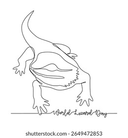 One continuous line drawing of world lizard day vector illustration. Animal world day themes design concept in simple linear continuous line. Lizard design for presentation and educational purpose.