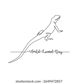 One continuous line drawing of world lizard day vector illustration. Animal world day themes design concept in simple linear continuous line. Lizard design for presentation and educational purpose.