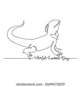 One continuous line drawing of world lizard day vector illustration. Animal world day themes design concept in simple linear continuous line. Lizard design for presentation and educational purpose.